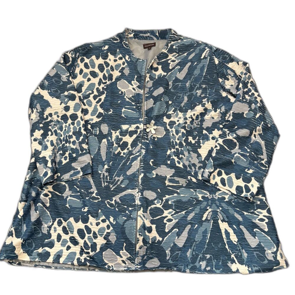 Multiples Blue Abstract Floral Crinkle Blazer Jacket Flower Button Artsy Size 1X